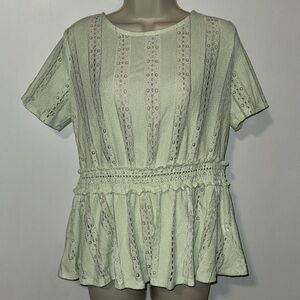 Cato Eyelet Peplum Ruffle Short Sleeve Top Blouse Top Mint Green Women’s M